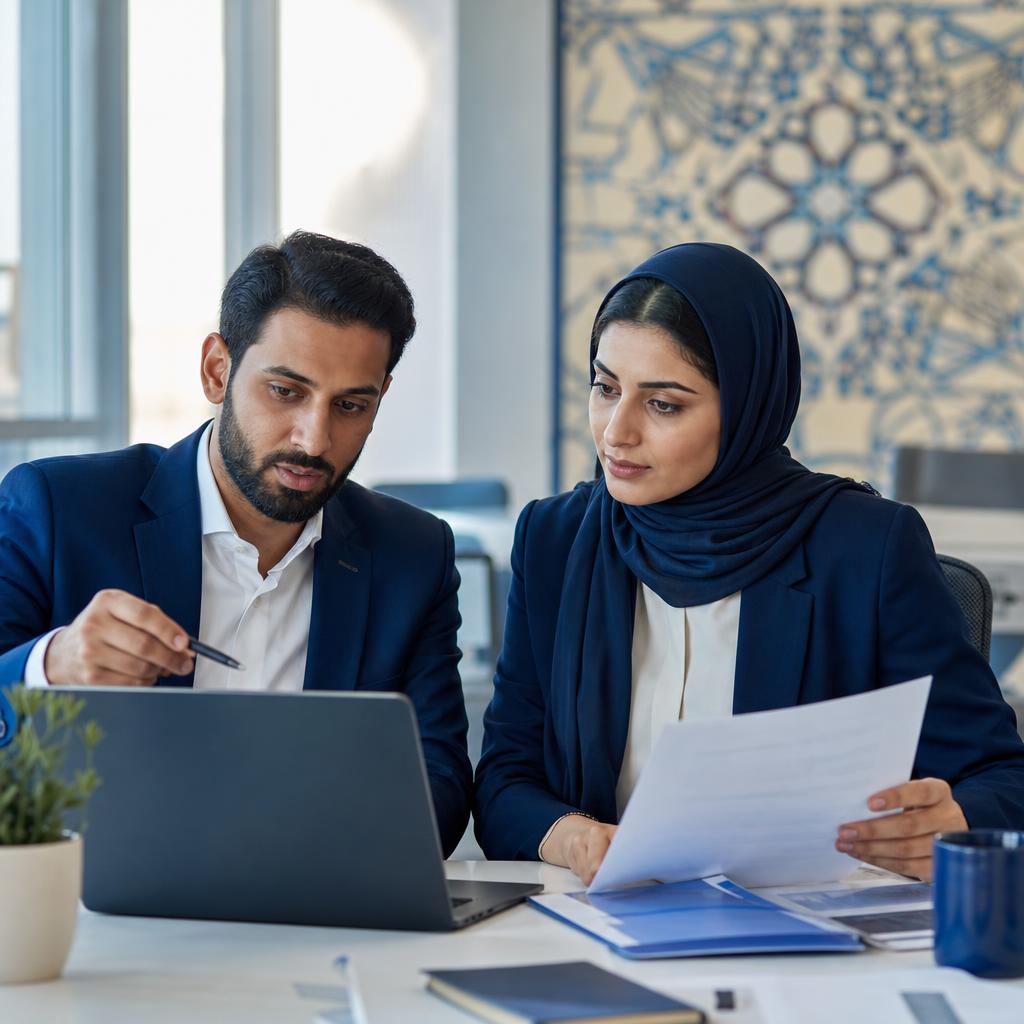 Two financial analysts reviewing documents together beside a laptop