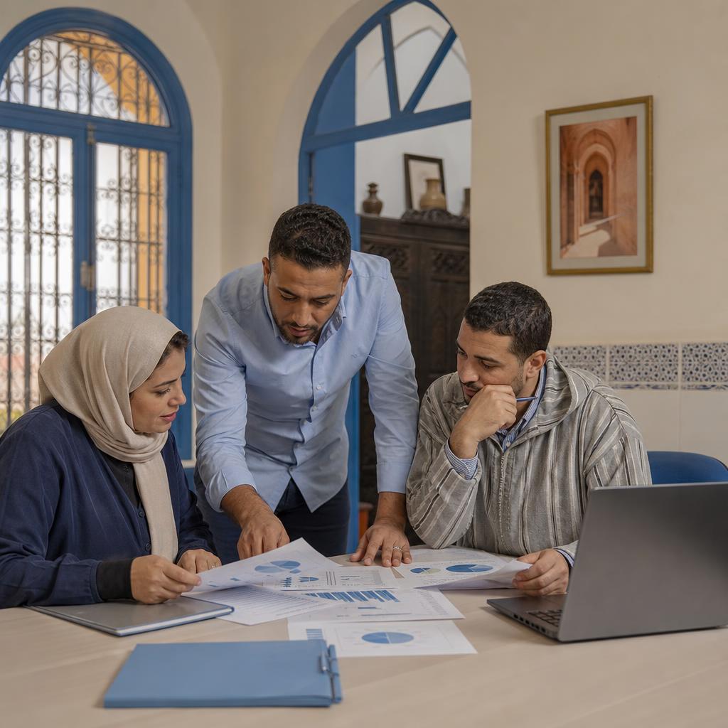 فريق تمويل أصغر يناقش رسومًا مالية مطبوعة حول طاولة